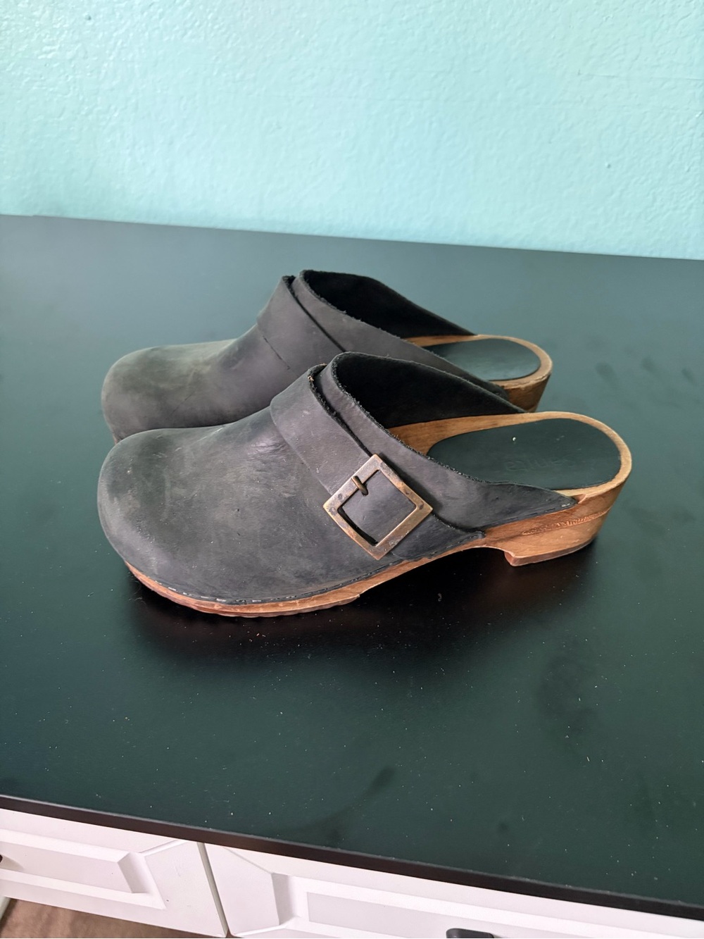 Sanita Black Leather Slide Clogs with Wooden Platform